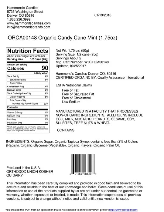 Organic Hand-Spun Jumbo Candy Cane - Mint - 1.75 oz