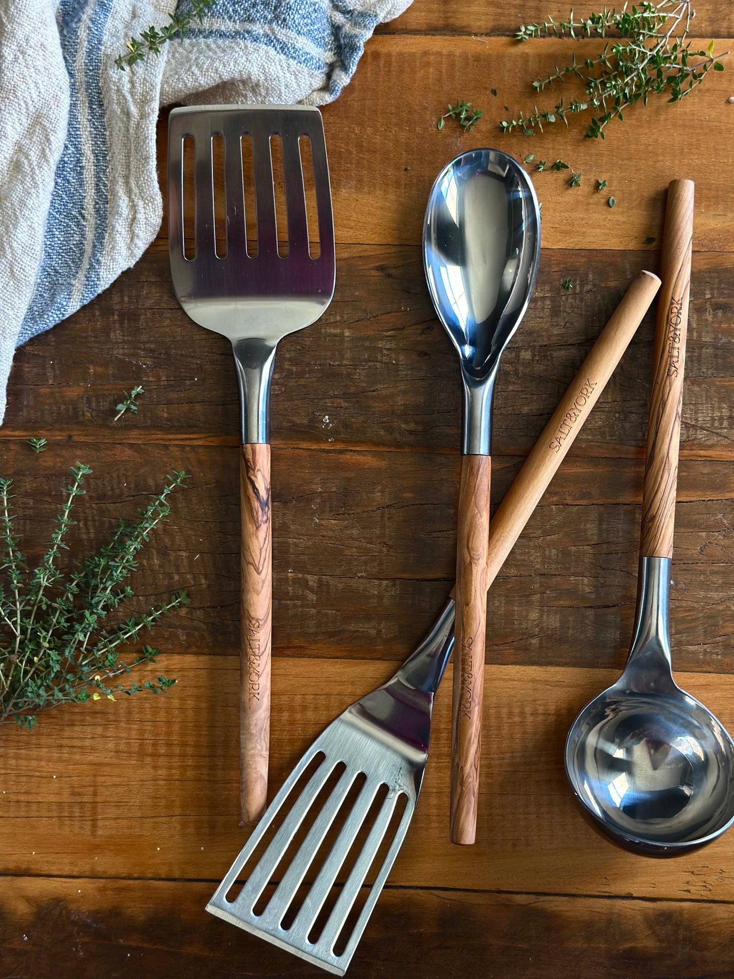 Olive/Walnut Wood Handle Utensil Set with Stainless Steel
