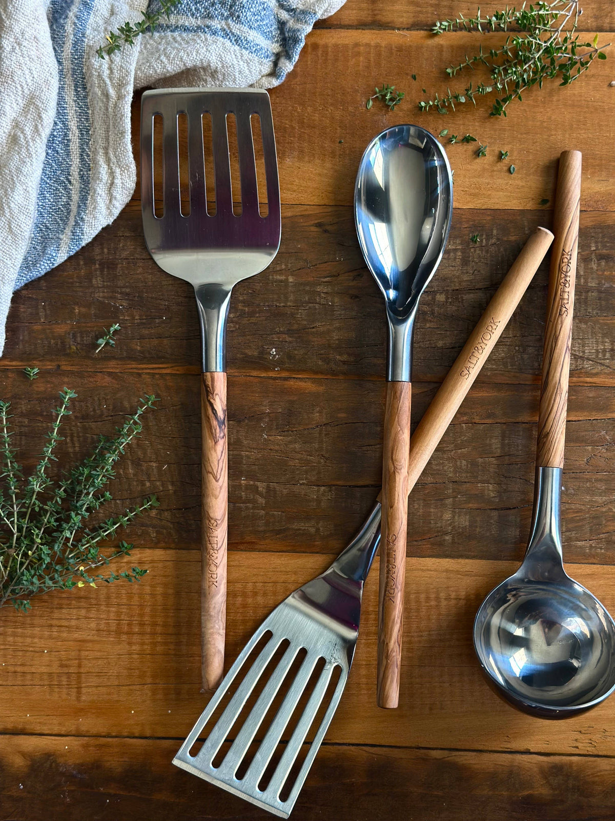 Salt & York - Olive/Walnut Wood Handle Utensil Set with Stainless Steel
