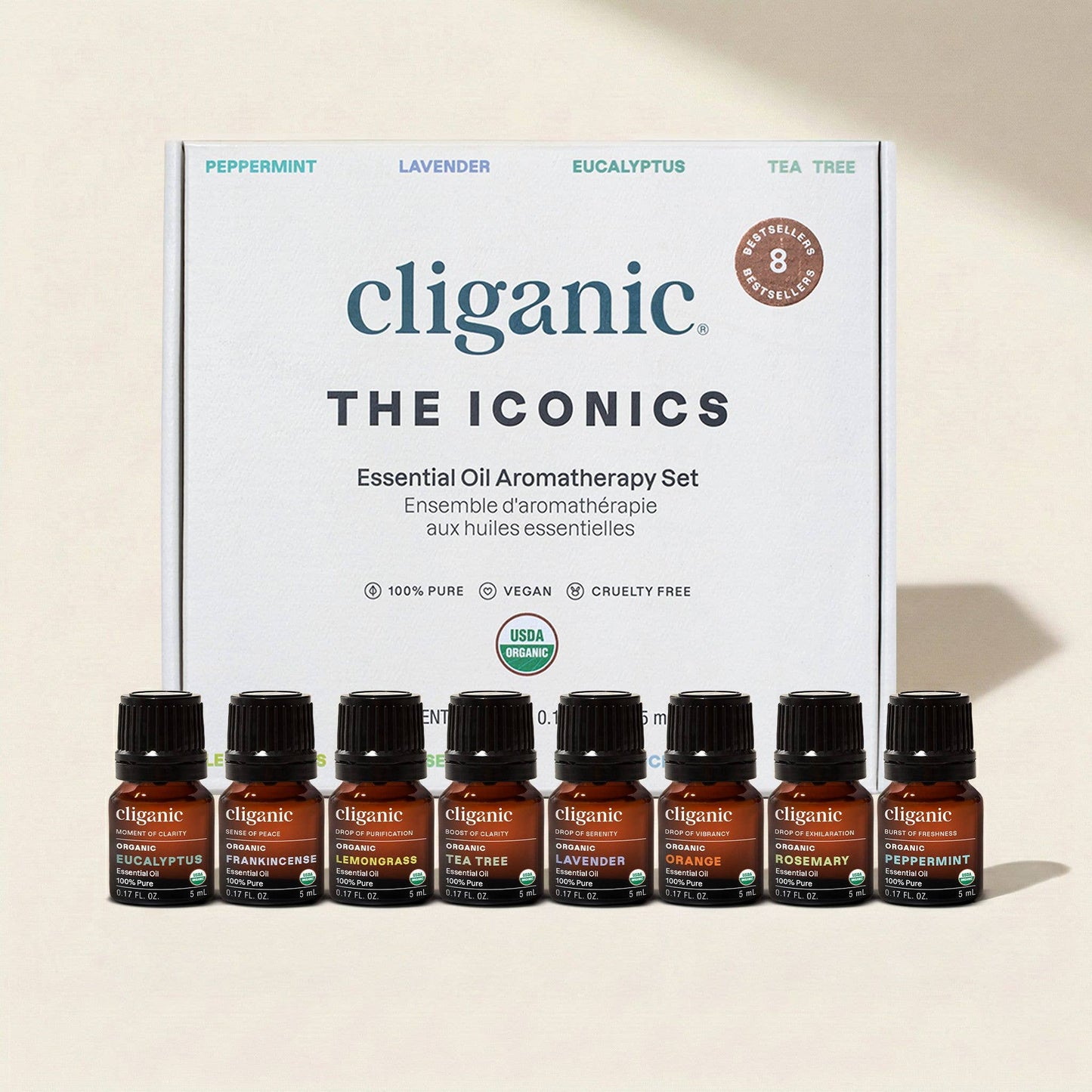 Cliganic - Essential Oils Set - Organic Aromatherapy Set Top 8 (5ml)