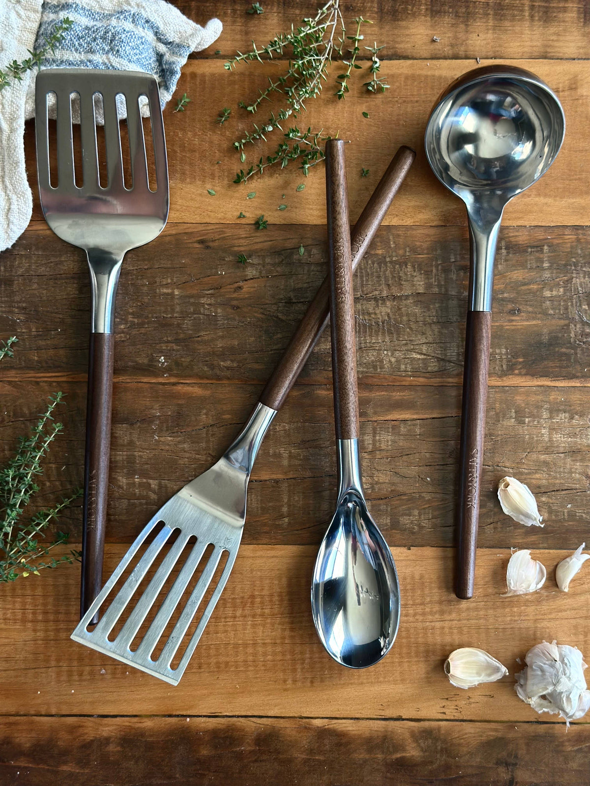 Olive/Walnut Wood Handle Utensil Set with Stainless Steel