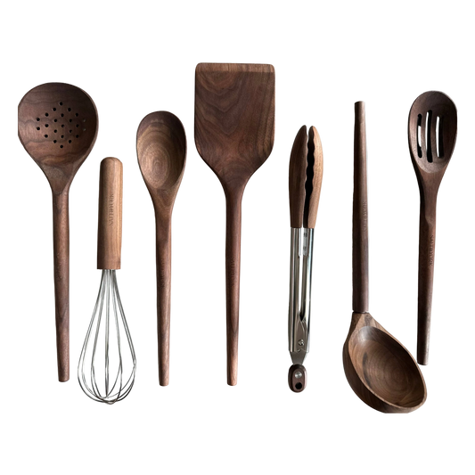 Walnut Wood + Stainless Cooking Utensils