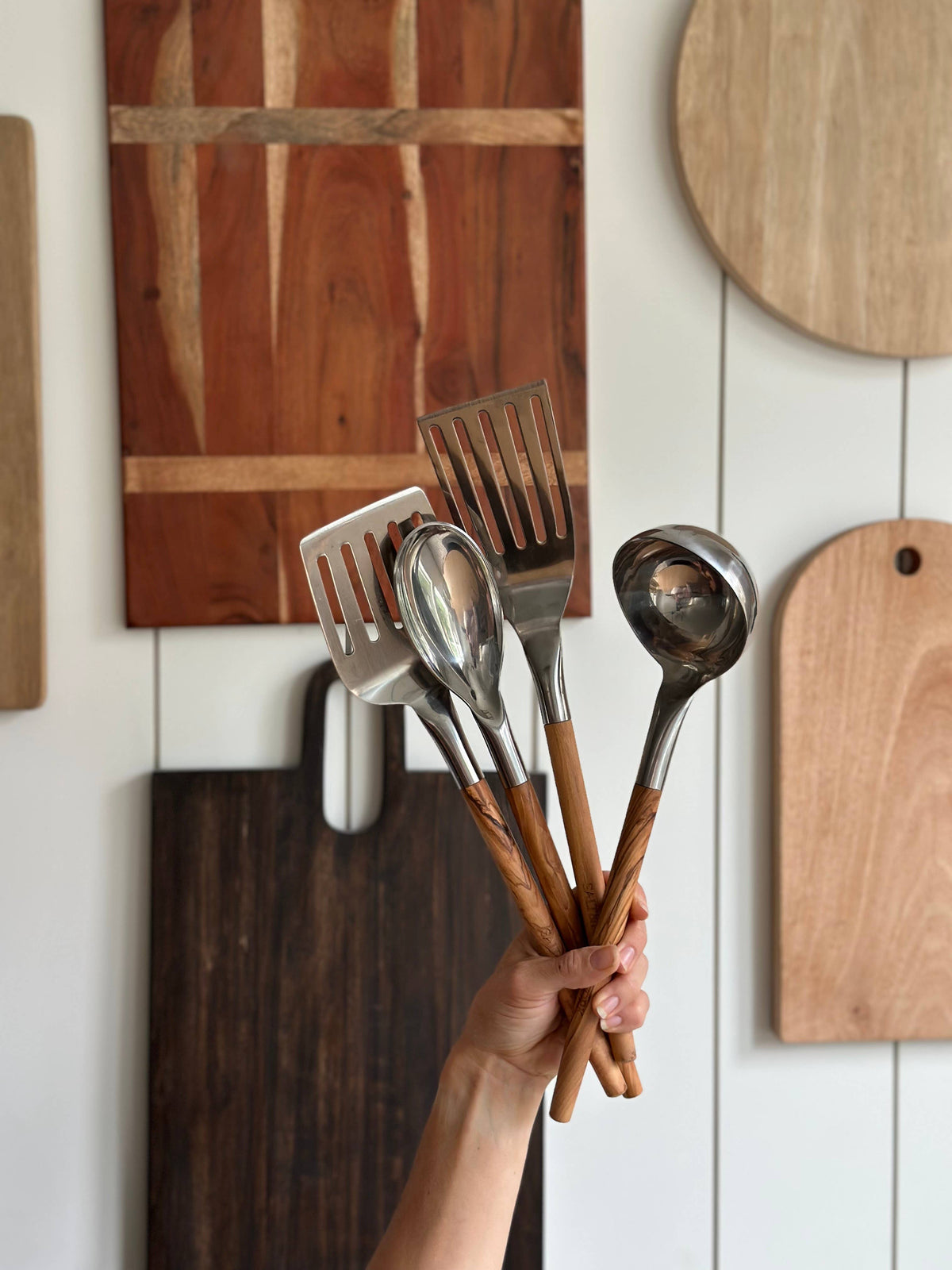 Olive/Walnut Wood Handle Utensil Set with Stainless Steel