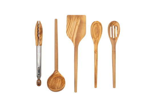Set of wooden kitchen utensils including a ladle, spatula, and spoons on a white background