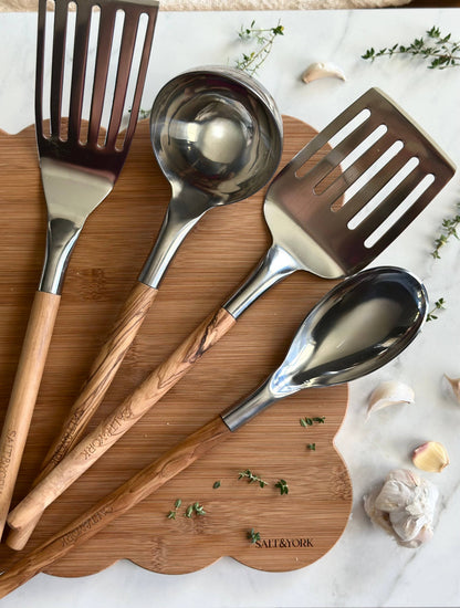 Olive/Walnut Wood Handle Utensil Set with Stainless Steel