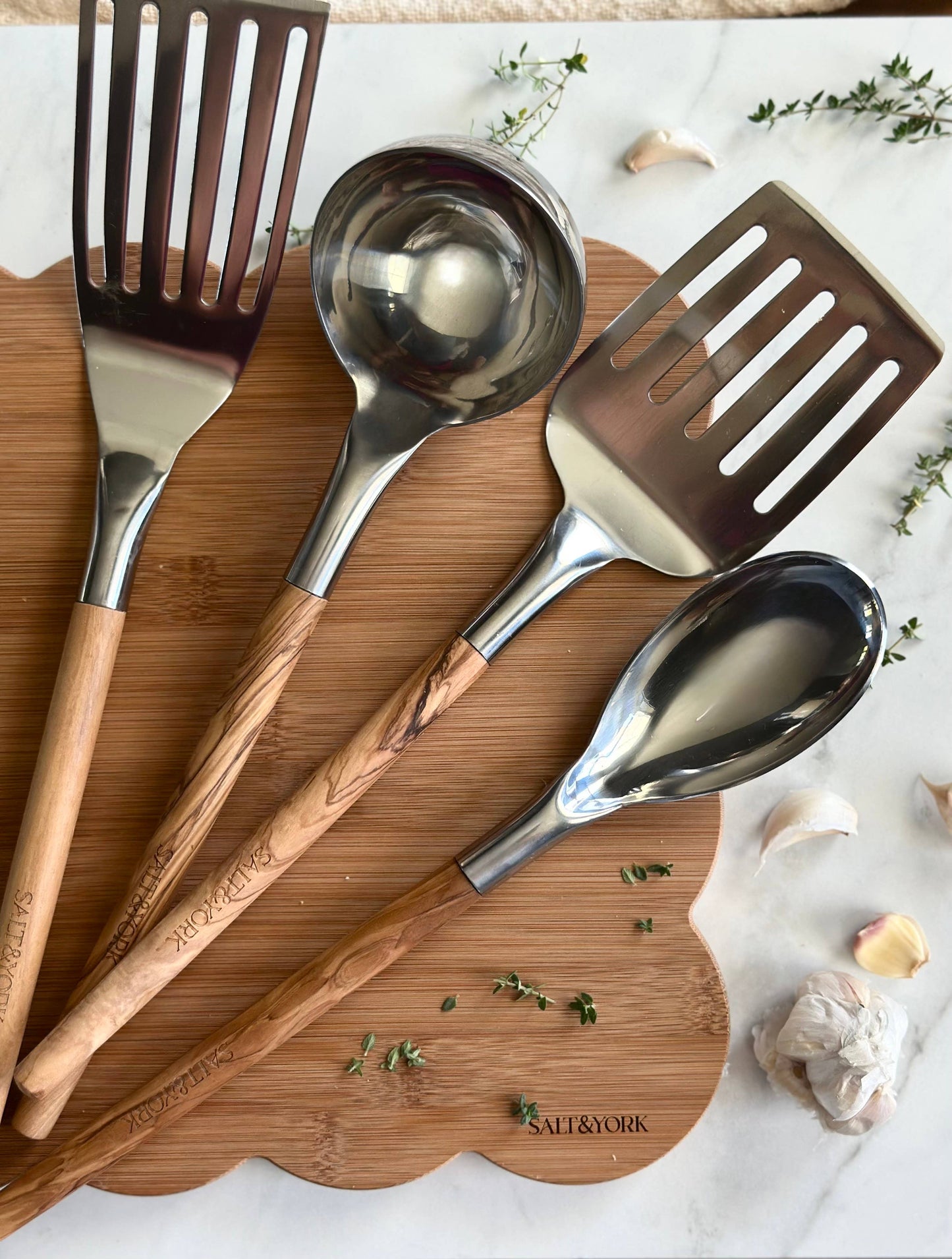 Salt & York - Olive/Walnut Wood Handle Utensil Set with Stainless Steel
