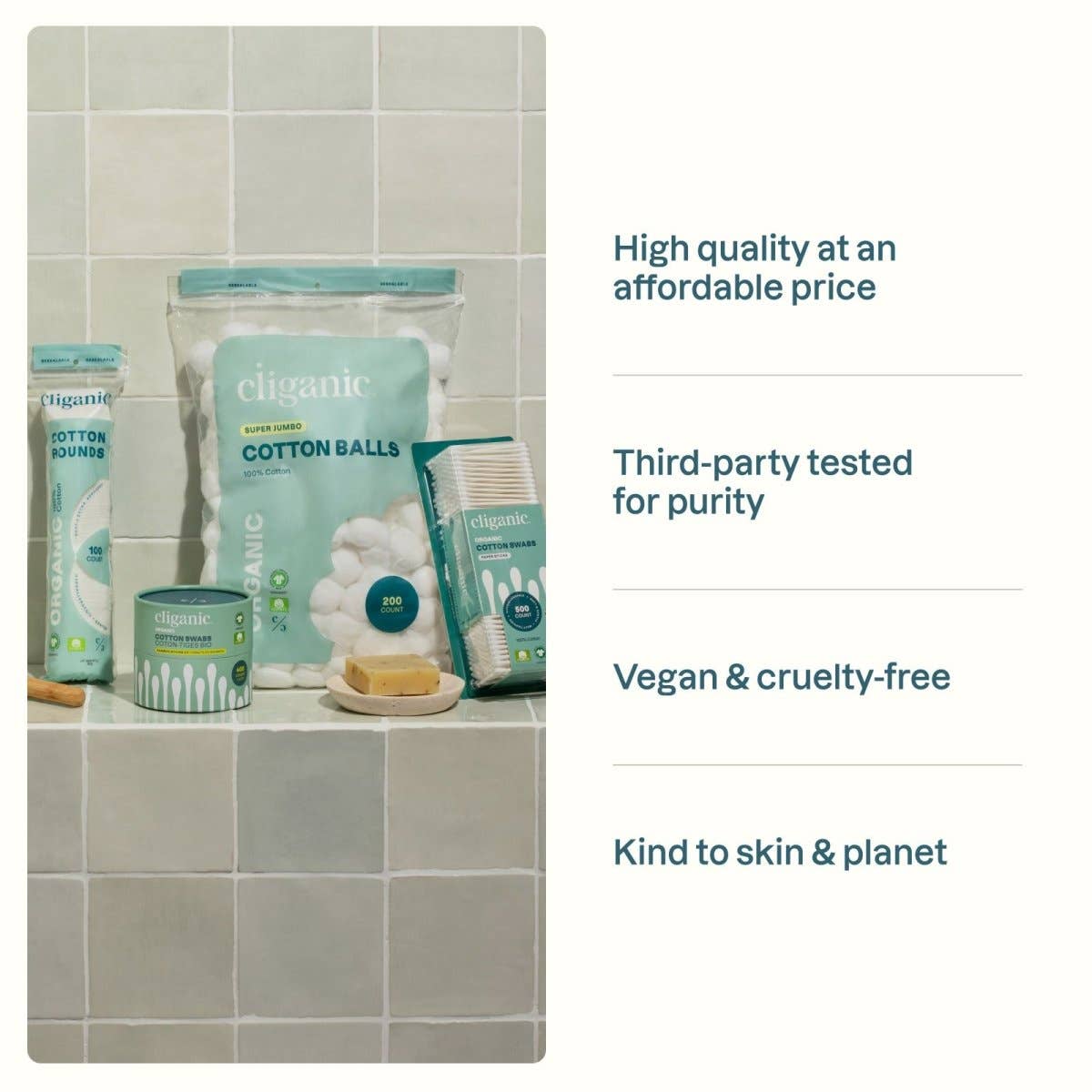 Cliganic - Organic Cotton Swabs - Bamboo Sticks 200 Count