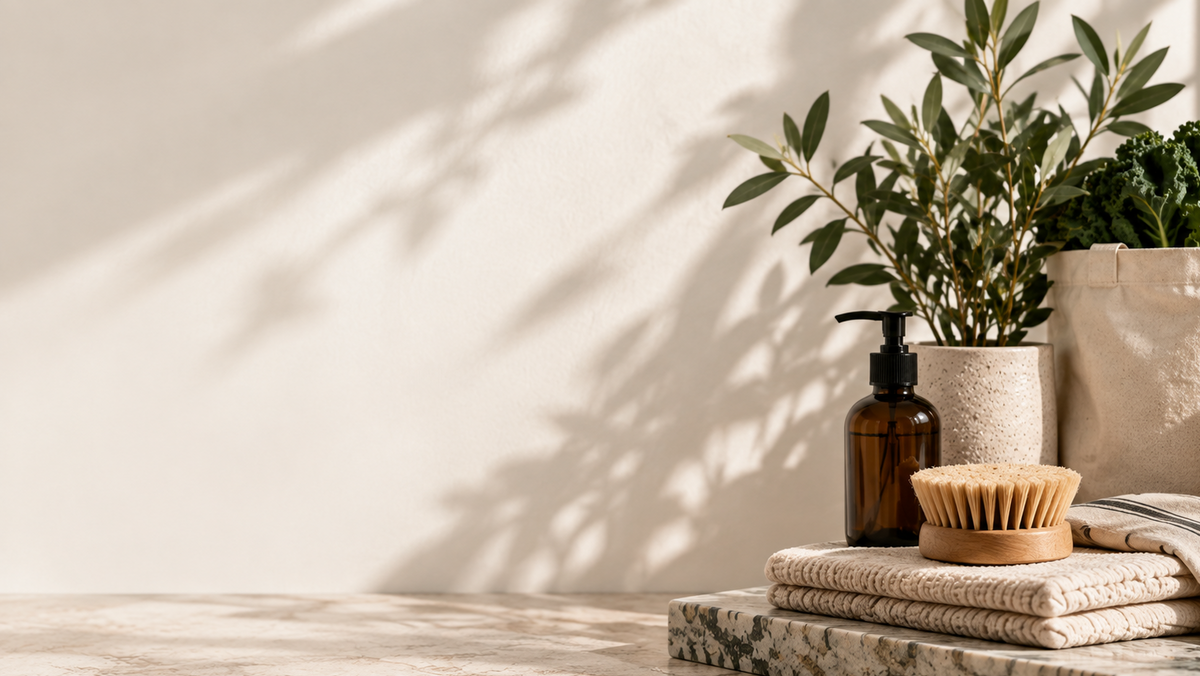 A styled arrangement of natural and earthy home goods on a marble pedestal against a warm beige wall with leaf shadows. The set includes a dark amber pump bottle, a wooden-handled brush, folded cream towels, a striped cloth, a canvas tote filled with plants and greens, and a loaf of bread in a jar.