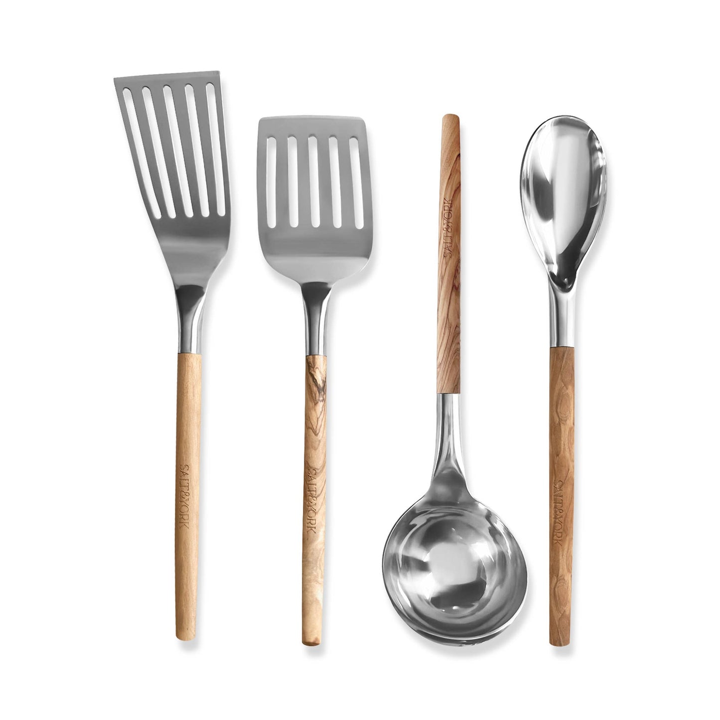 Salt & York - Olive/Walnut Wood Handle Utensil Set with Stainless Steel