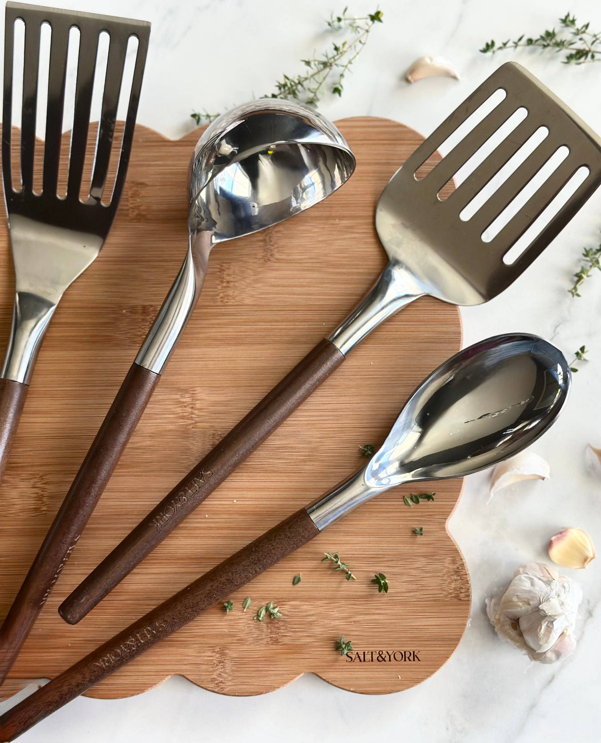 Olive/Walnut Wood Handle Utensil Set with Stainless Steel