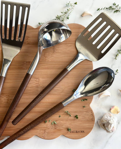 Olive/Walnut Wood Handle Utensil Set with Stainless Steel